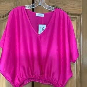 MOD On Trend V-Neck Bubble Hem Blouse - Hot Pink